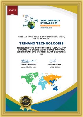 World Energy Storage Day Certificate TriNano Technologies environmental responsibility, climate change mitigation